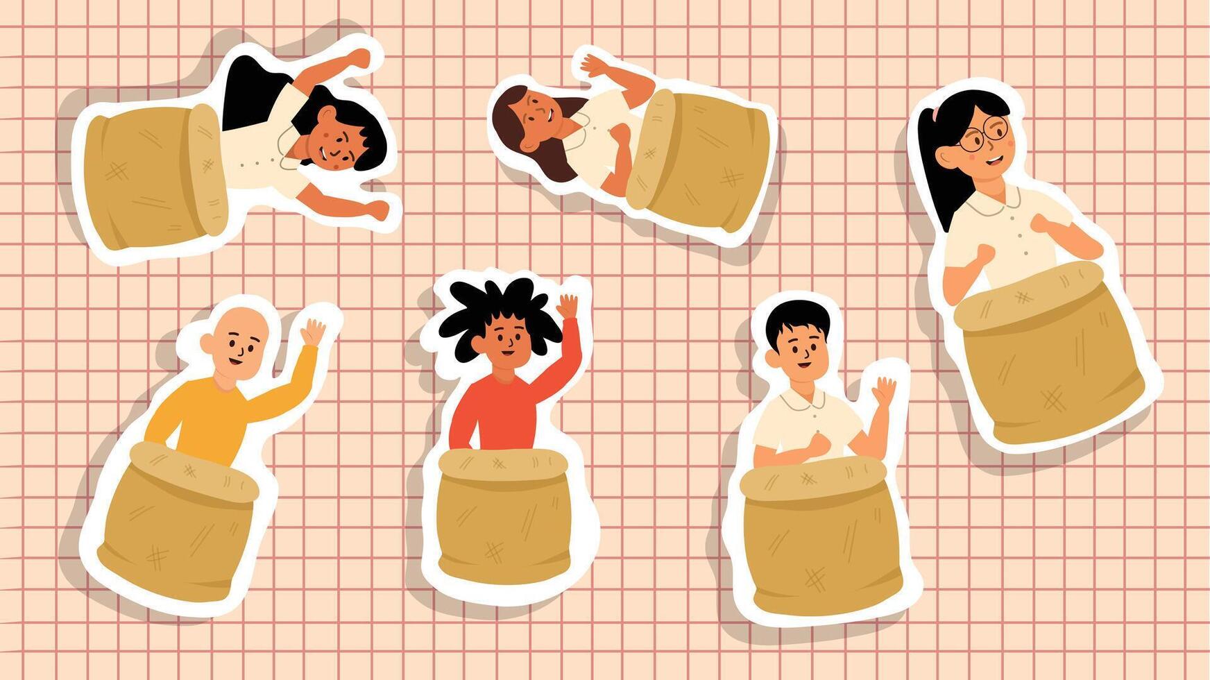 Group of happy kids playing traditional sack race for Indonesian Independence Day festival vector