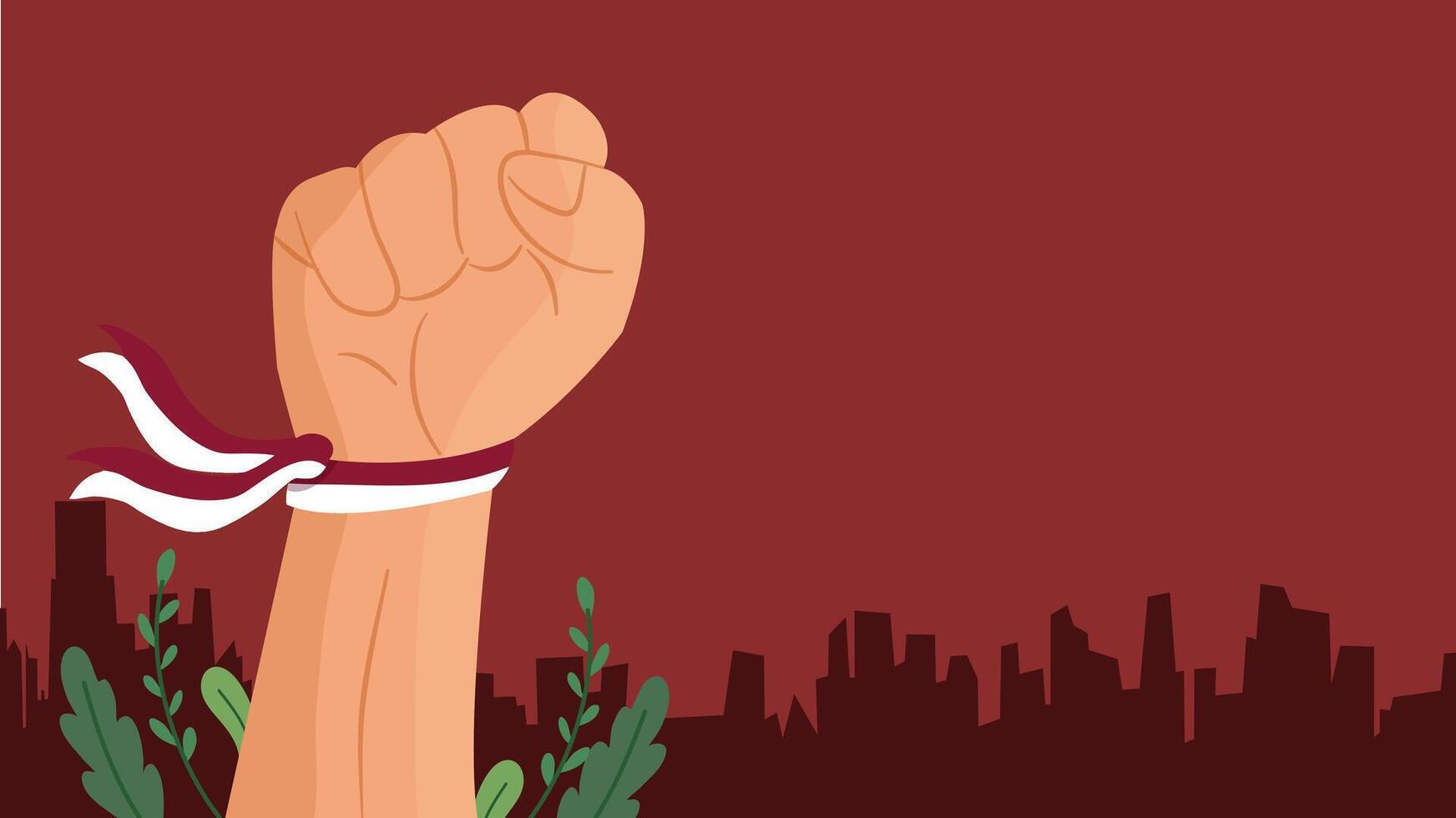 Illustration of a strong fist with ribbon raised above city skyline for Independence celebration vector