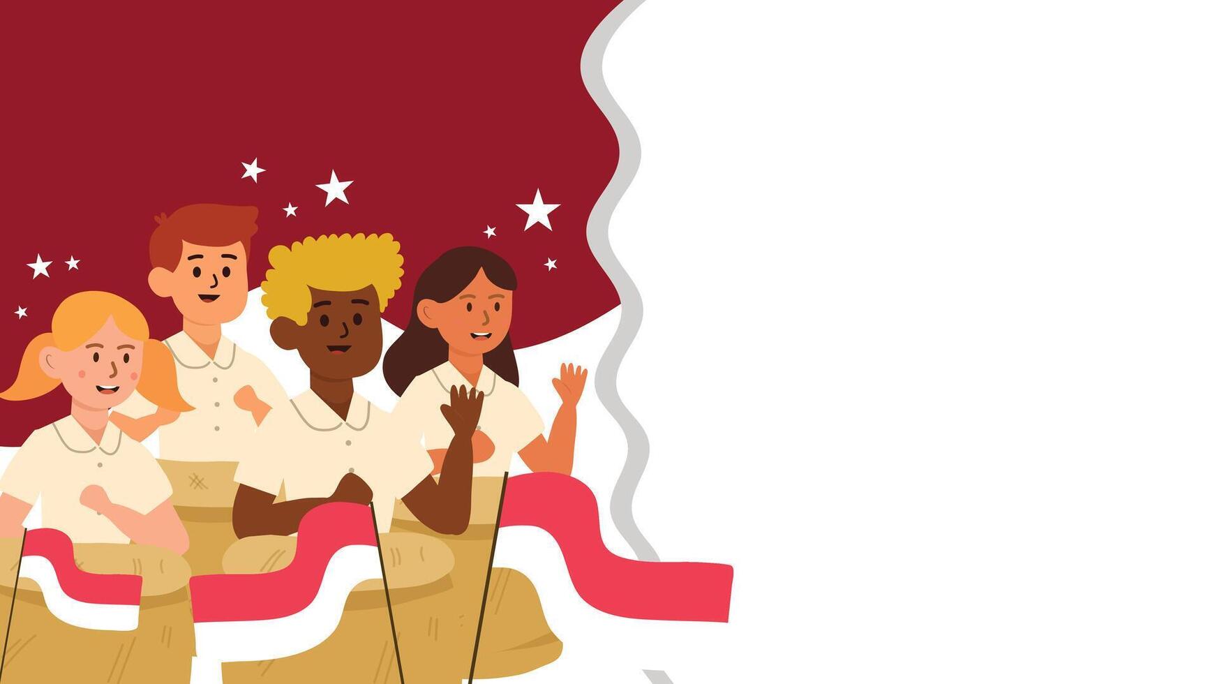 Group of diverse children waving Indonesian flags celebrating Independence Day together outdoors vector