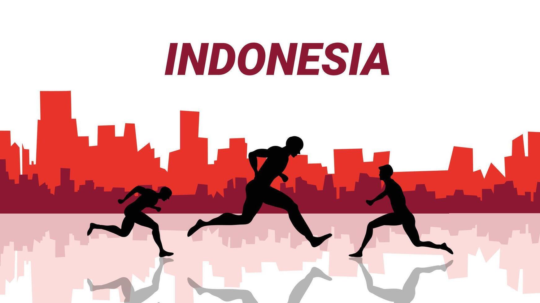 Silhouette of people running through urban cityscape for Indonesia Independence Day celebration vector