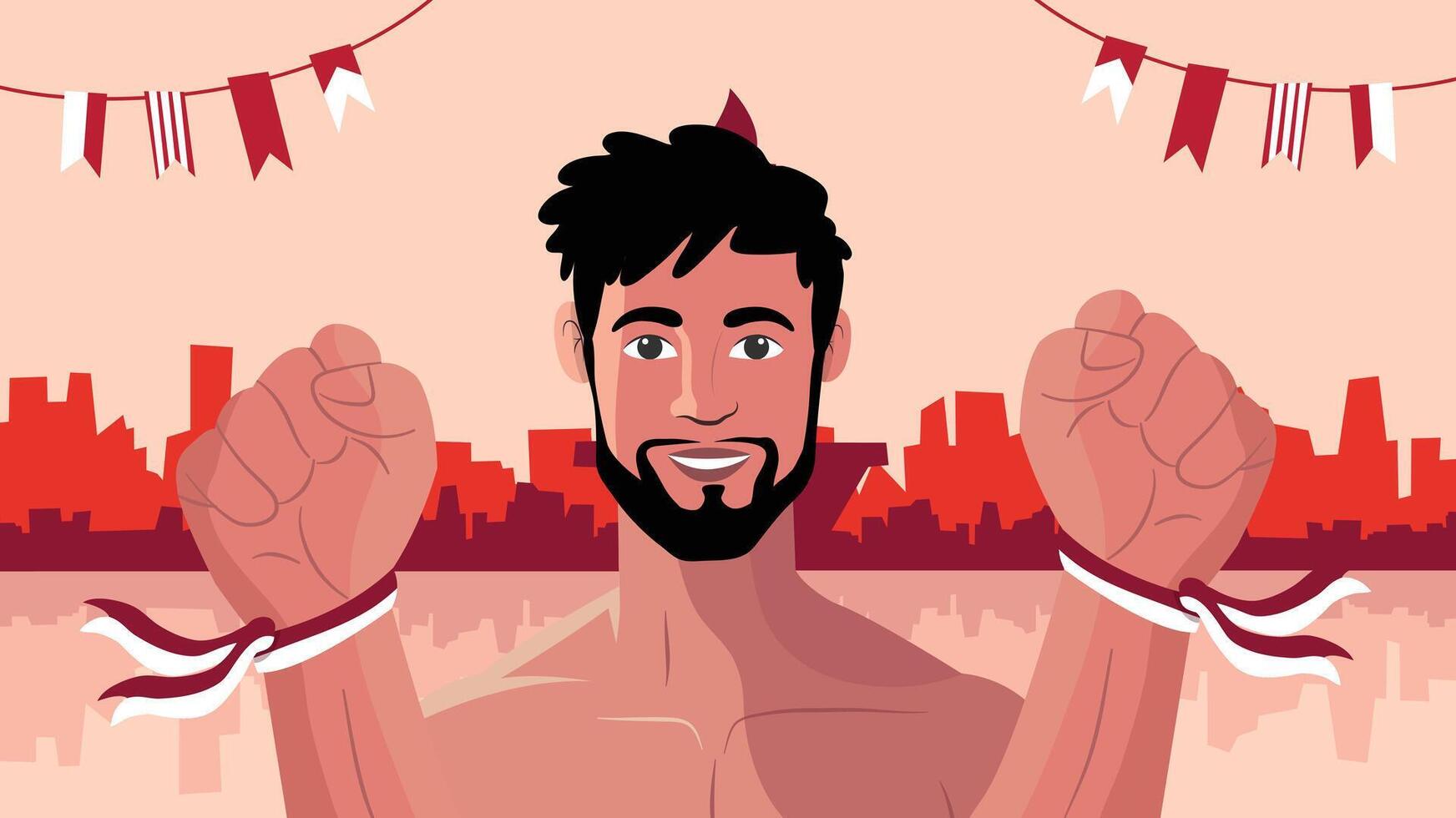 Handsome man raising fists with city skyline celebrating Indonesia Independence Day vector