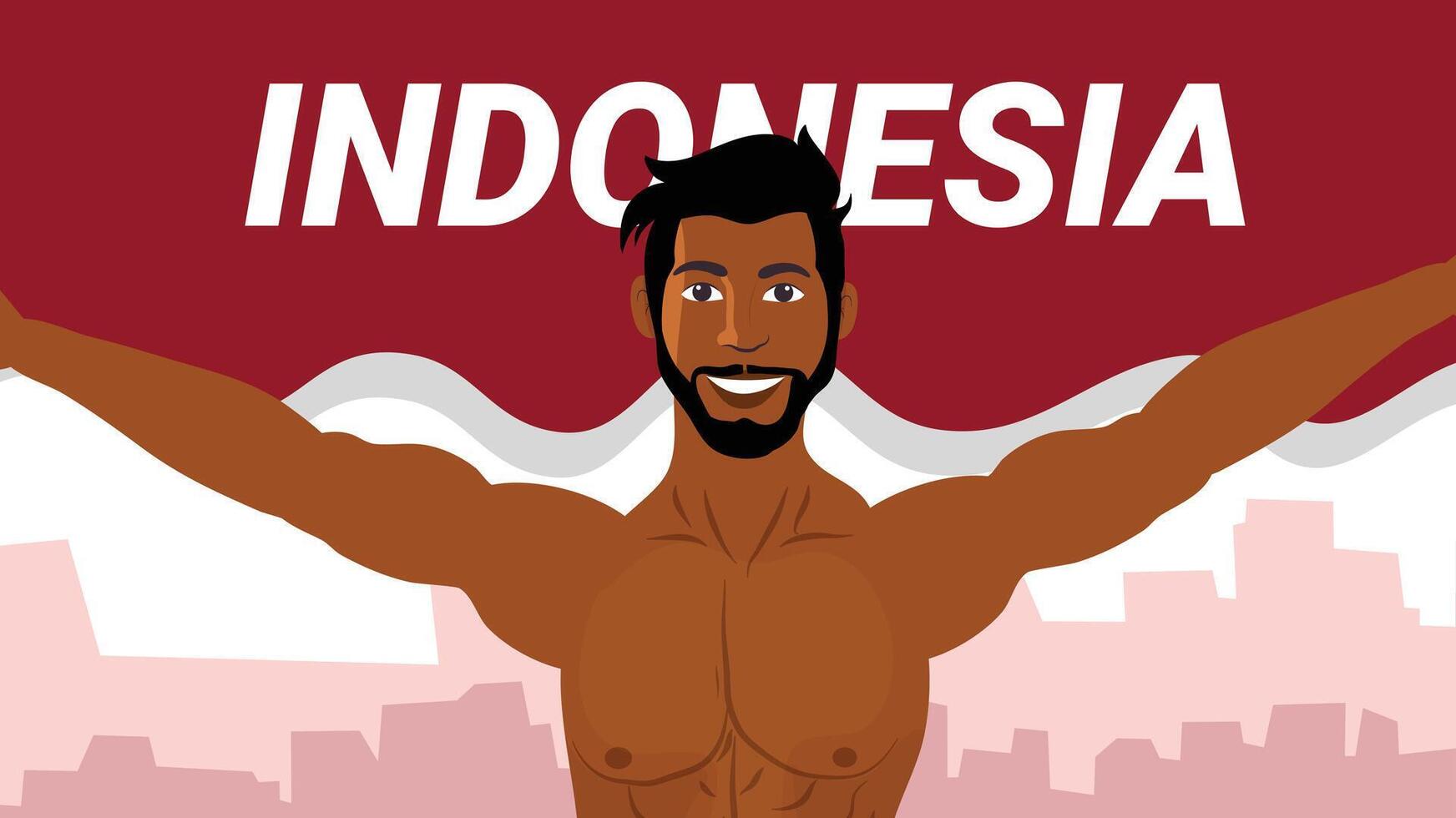 Illustration of muscular man with arms open celebrating Indonesia Independence proudly vector