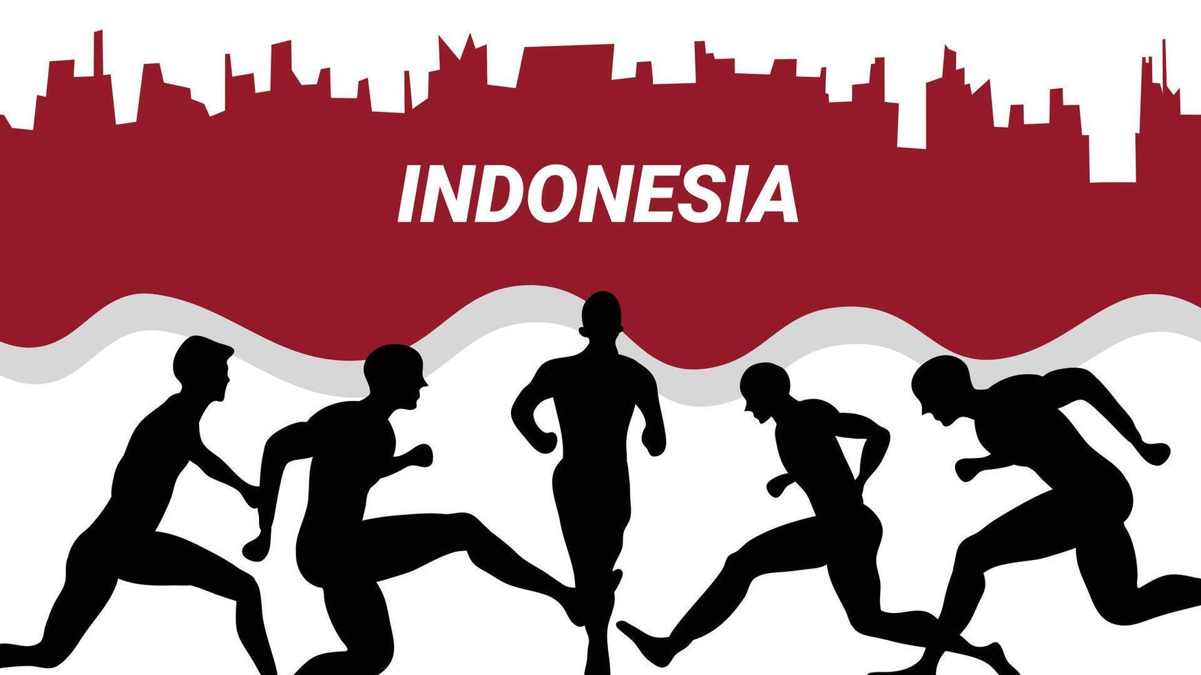 Silhouettes of people running with city skyline celebrating Indonesia Independence Day vector