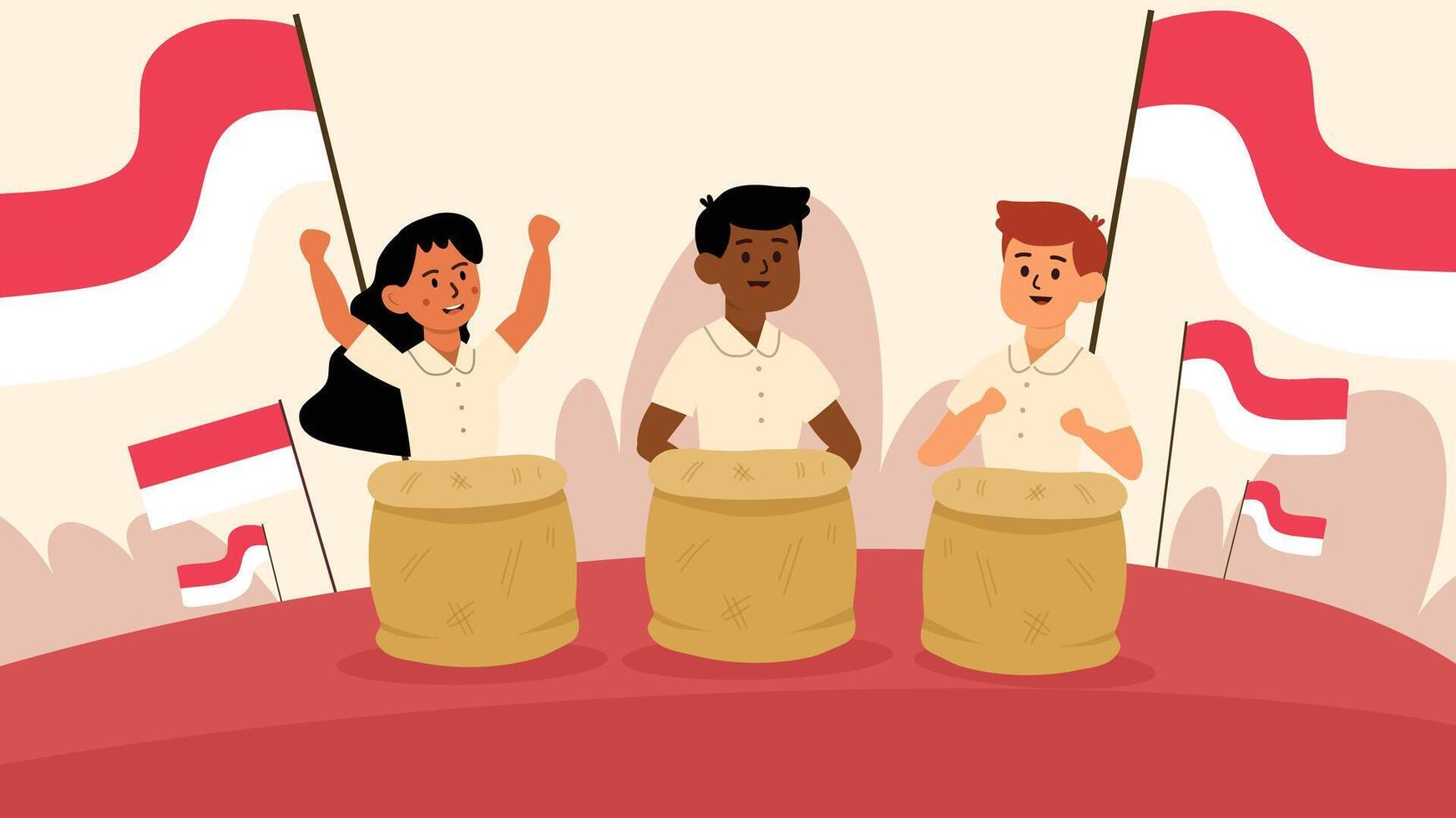 Three kids happily joining sack race with flags celebrating Indonesia Independence Day event vector