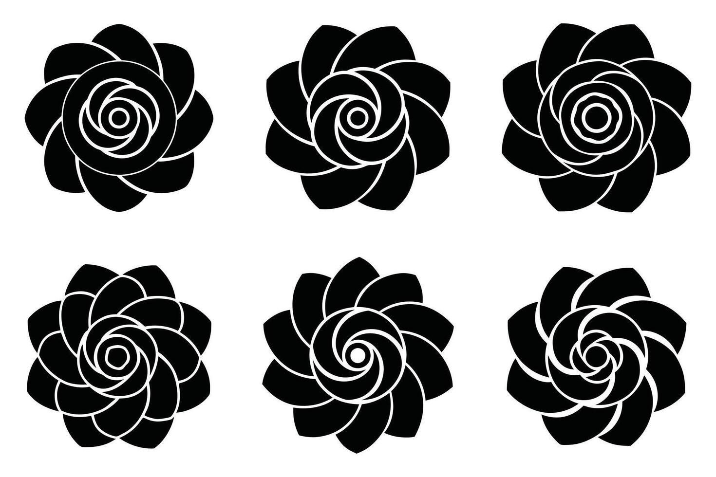 Six Elegant Black and White Spiral Rose Designs, Symmetrical Floral Illustrations, Isolated on White Background, Perfect for Branding or Decoration vector