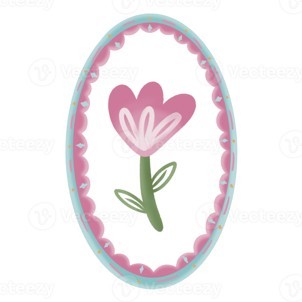 Cute cartoon flower with heart-shaped petals inside a decorative pastel frame. Hand-drawn style perfect for greeting cards, nursery prints, stickers, or kids illustration projects. png