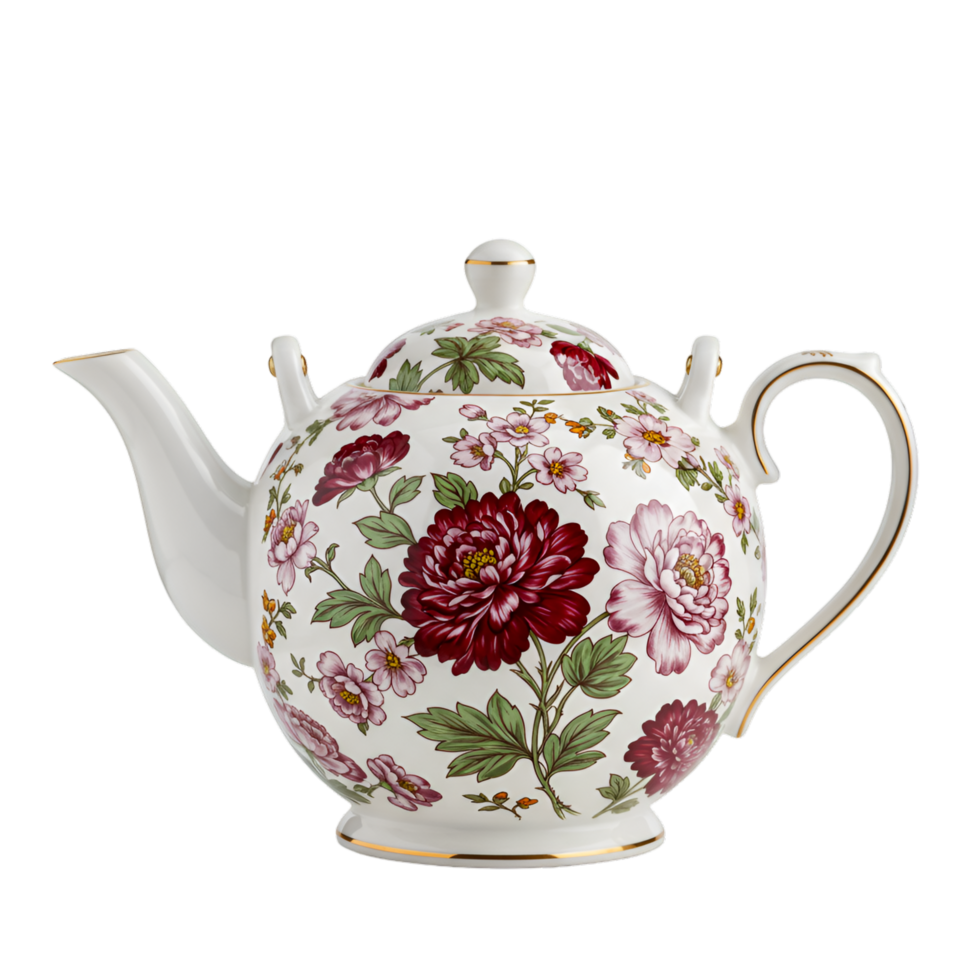 Elegant white teapot with floral rose pattern and golden accents png