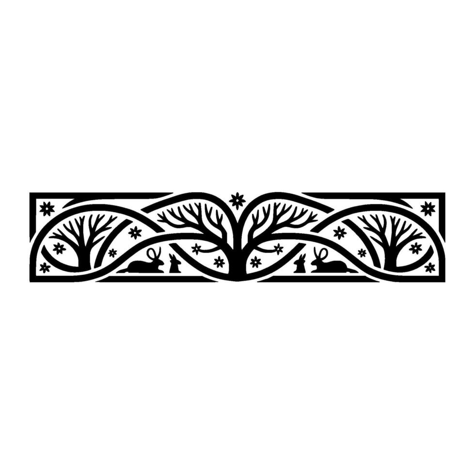 Winter Woodland Border, Stylized Tree Rabbit Motif vector