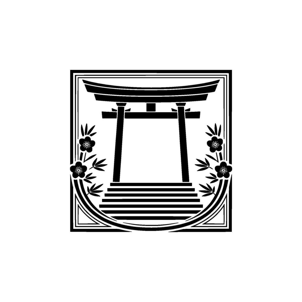 Japanese Torii Gate Emblem, Minimalist Floral vector