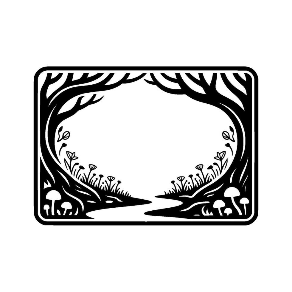 Enchanted Forest Frame, Stylized Black White Illustration vector
