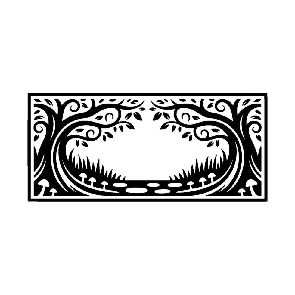 Enchanted Forest Border, Stylized Black White vector