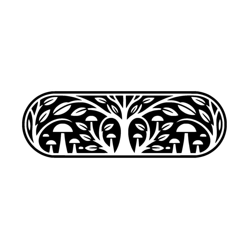 Botanical Emblem Forest Tree Mushrooms, Stylized vector