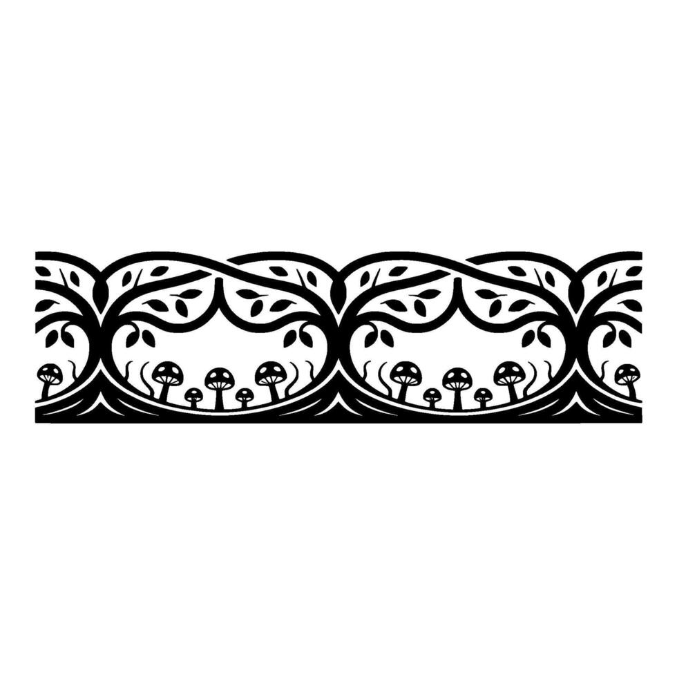 Enchanted Forest Border, Stylized Black White Illustration, Mushrooms vector