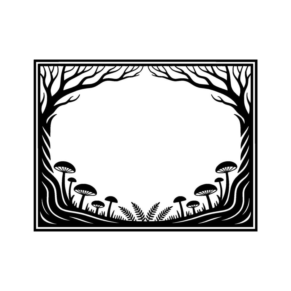 Ethereal Forest Frame, Black White Botanical Illustration, Mushrooms vector