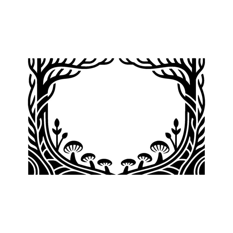 Intricate Forest Frame, Stylized Black White Illustration, Botanical vector