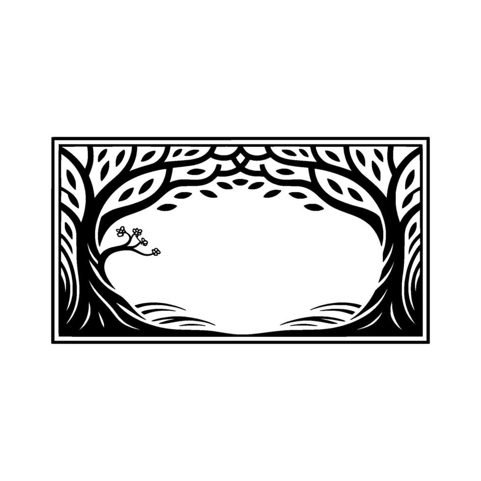 Stylized Black Tree Silhouette, Minimalist Woodland Frame vector