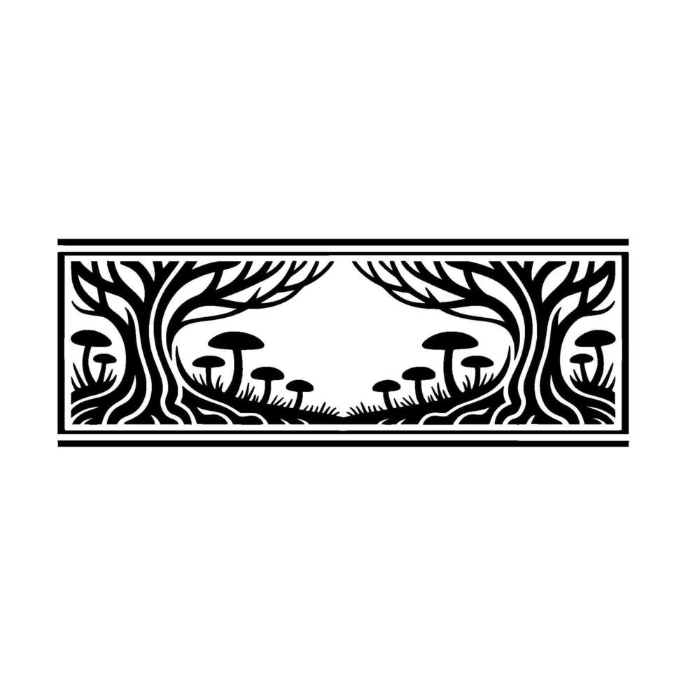 Enchanted Forest Border, Stylized Mushroom Illustration, Blackandwhite vector