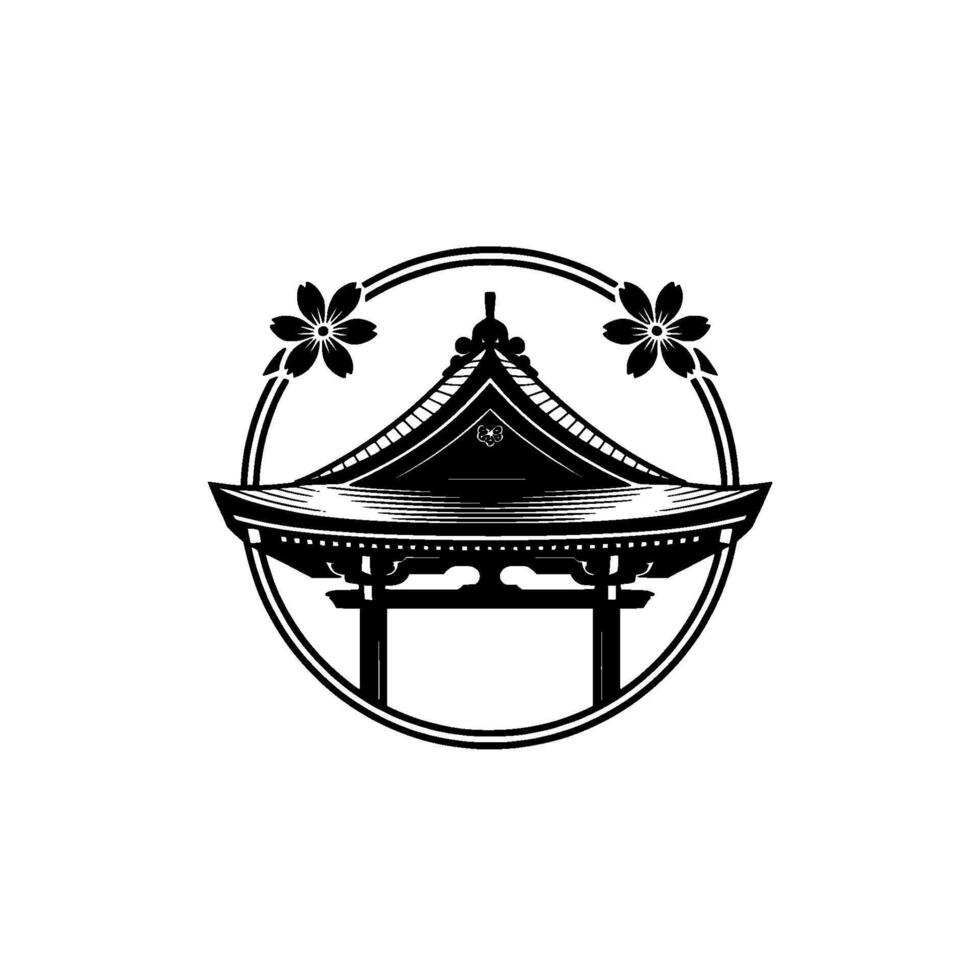 Japanese Pagoda with Sakura, Minimalist Emblem vector