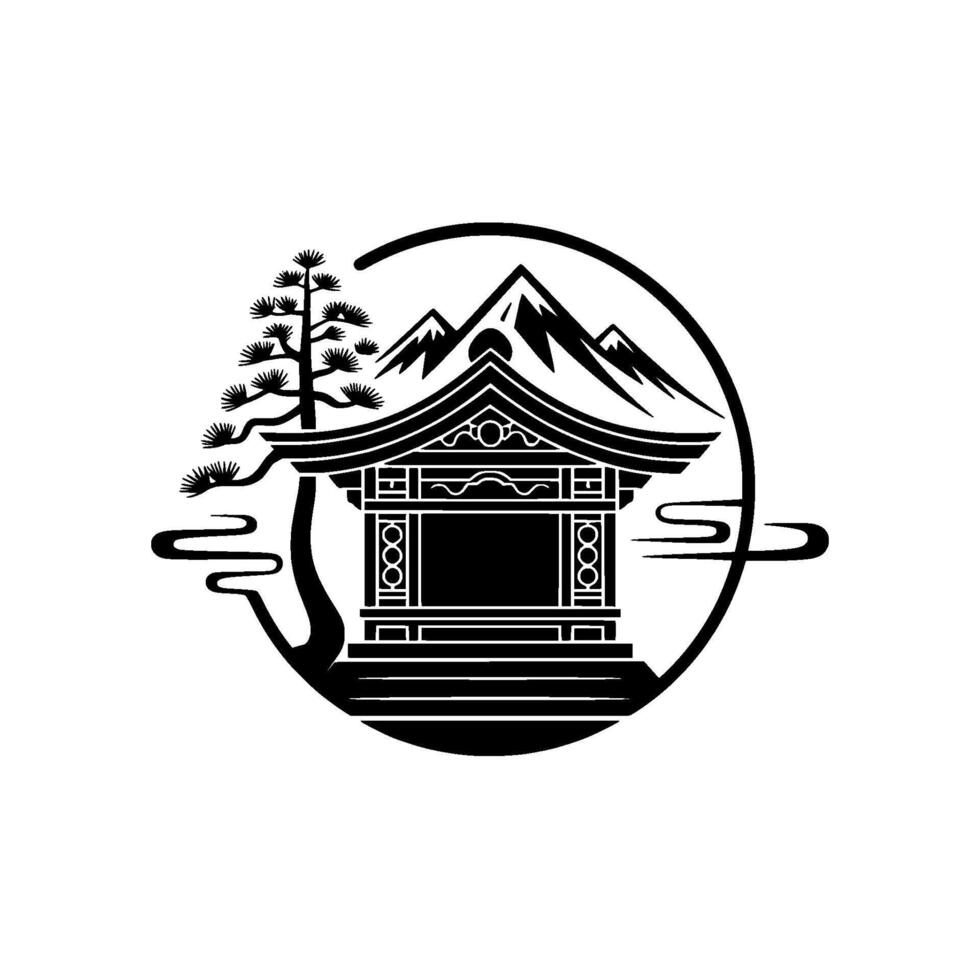 Tranquil Japanese Pavilion Mountain Serenity Emblem vector