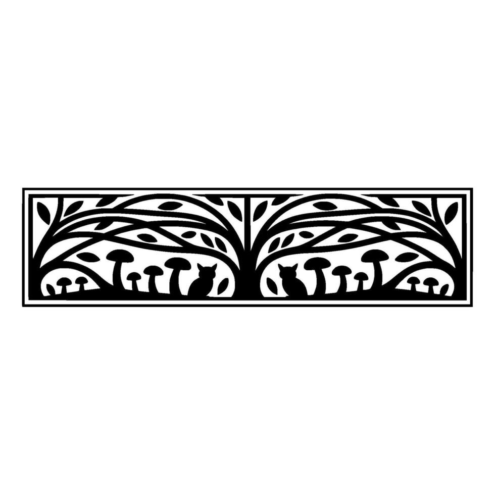 Woodland Silhouette Border, Cats Mushrooms, Stylized vector