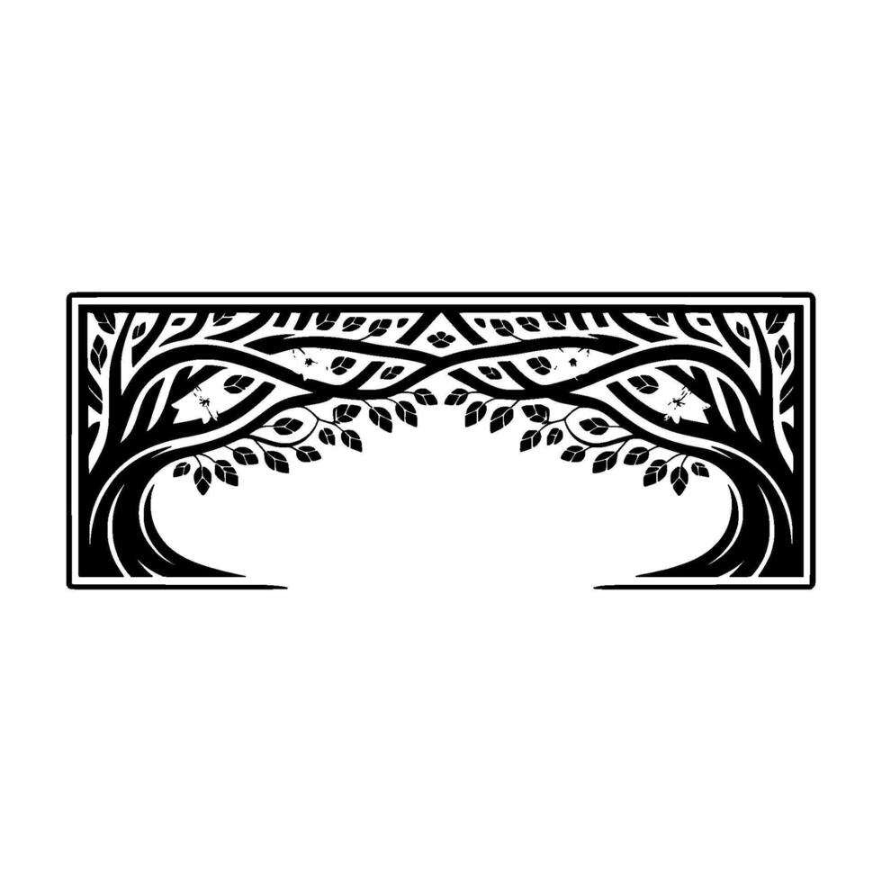 Stylized Black White Tree Border, Delicate Floral Details vector