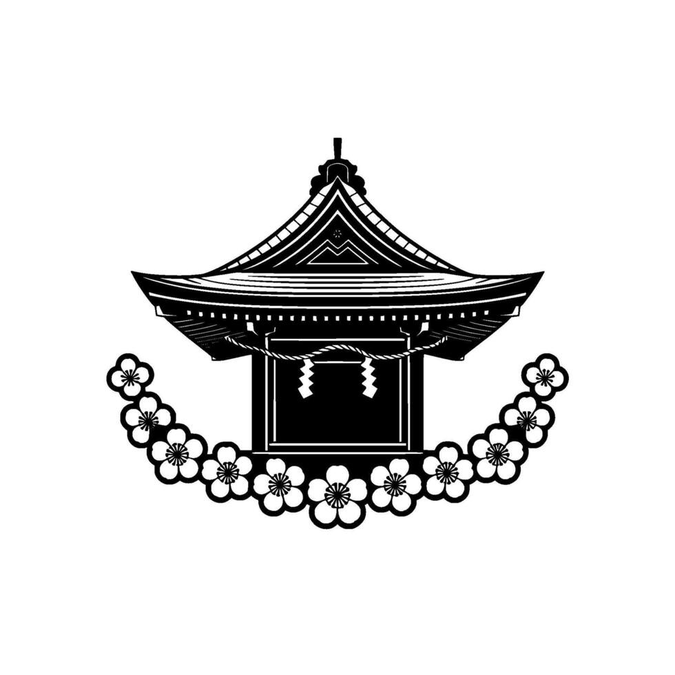 Japanese Temple Silhouette with Sakura Garland, Minimalist vector