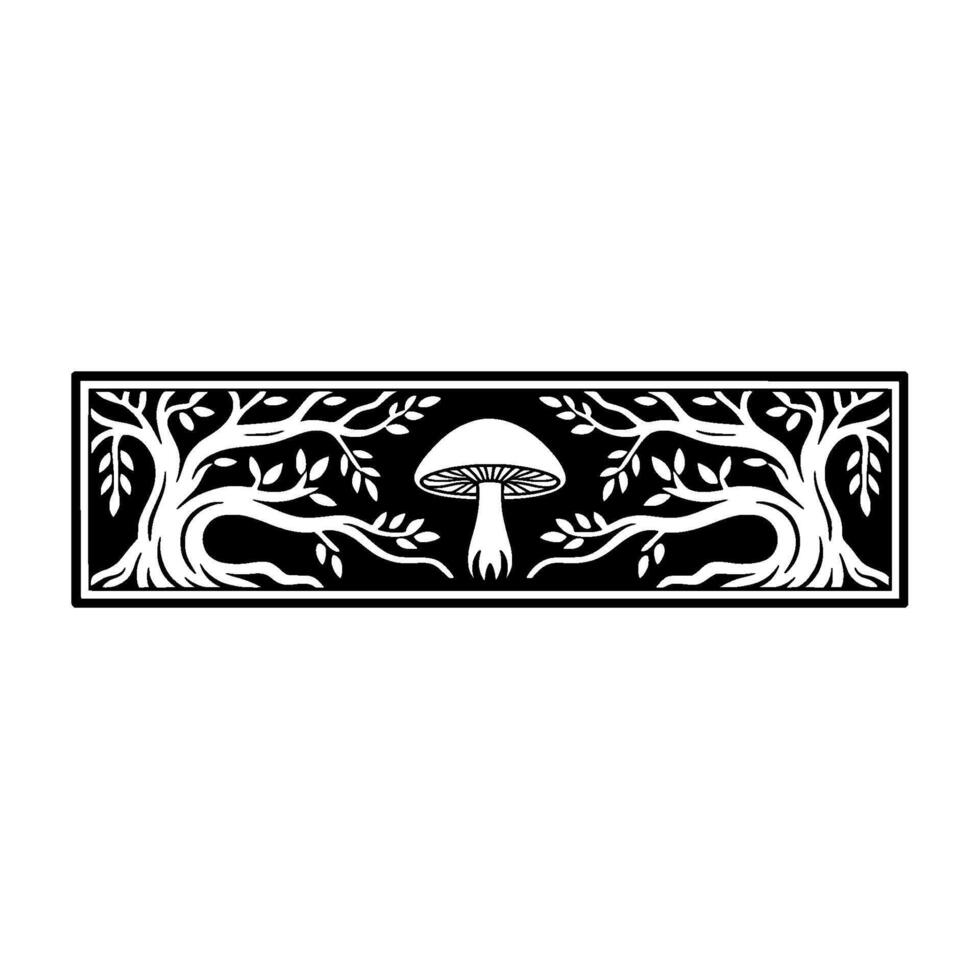 Botanical Emblem Mushroom Twisted Trees, Vintage Style vector
