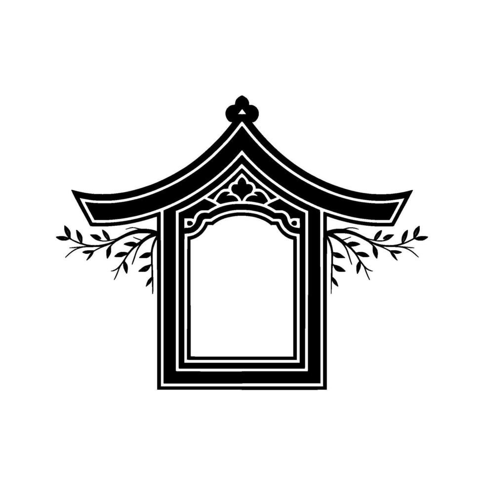 Elegant Japanese Pagoda Window, Botanical Accent vector