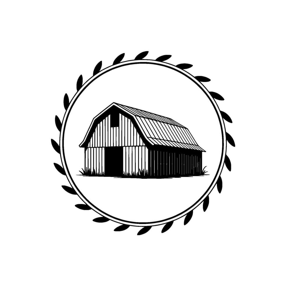 Rustic Barn Emblem, Vintage Farmhouse Illustration, Circular vector