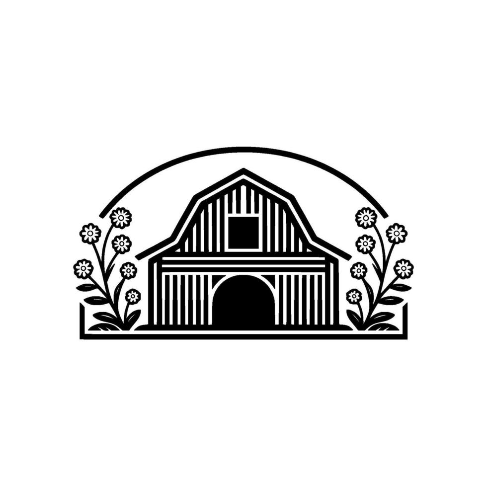 Rustic Barn Wildflowers Emblem, Vintage Illustration vector