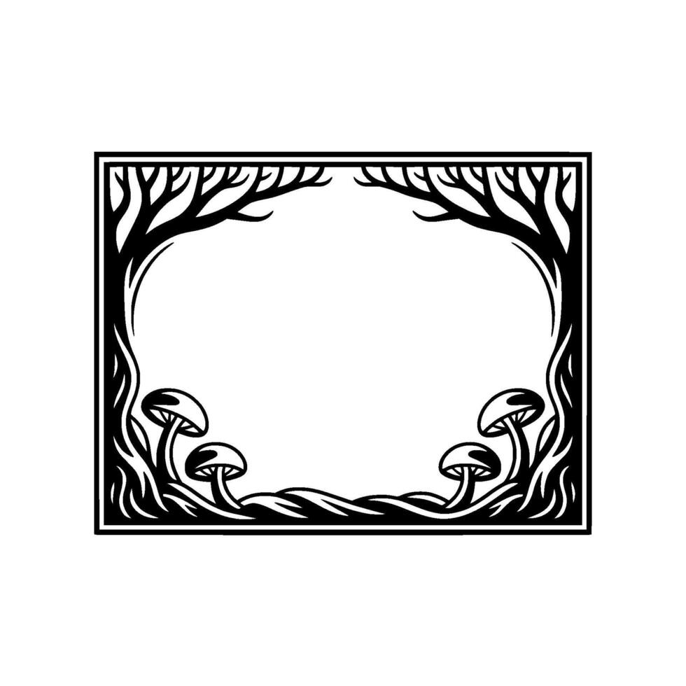 Ethereal Forest Frame, Black White Botanical Illustration - Mushrooms vector