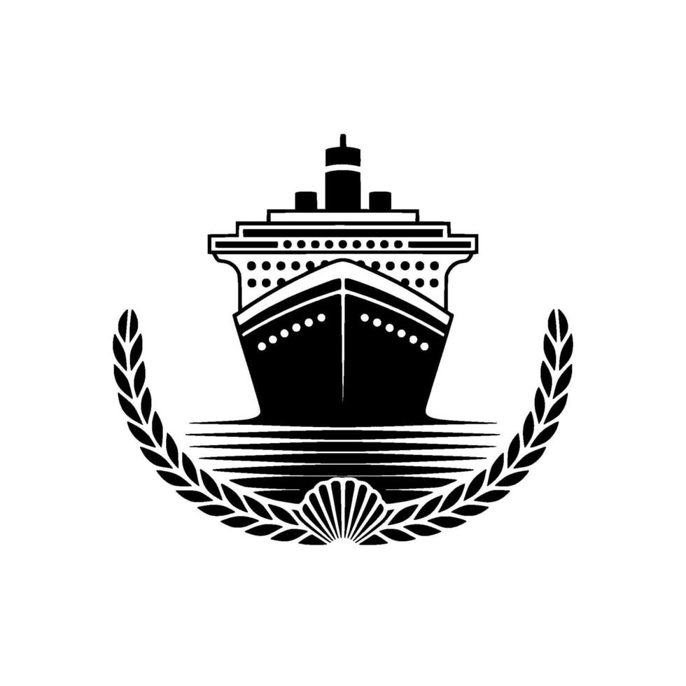Nautical Emblem Ship, Waves, and Laurel Wreath vector