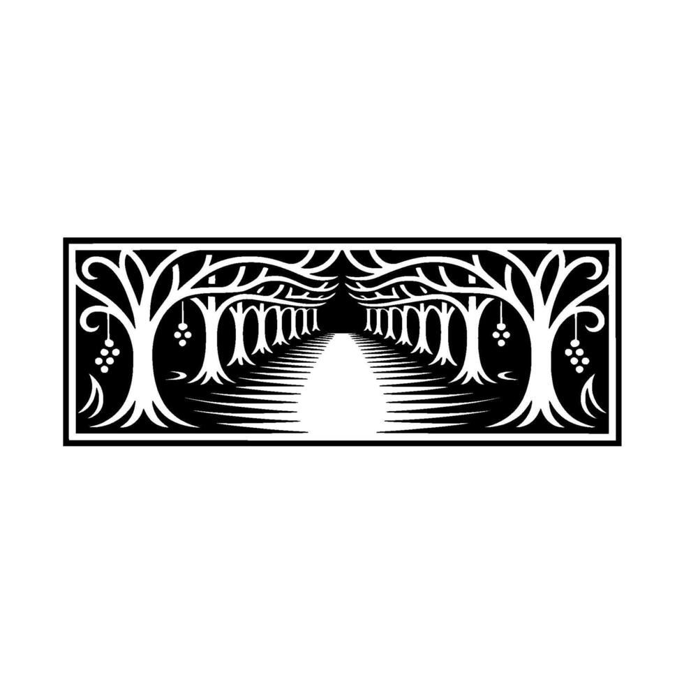 Enchanted Forest Path, Black White Illustration, Trees vector
