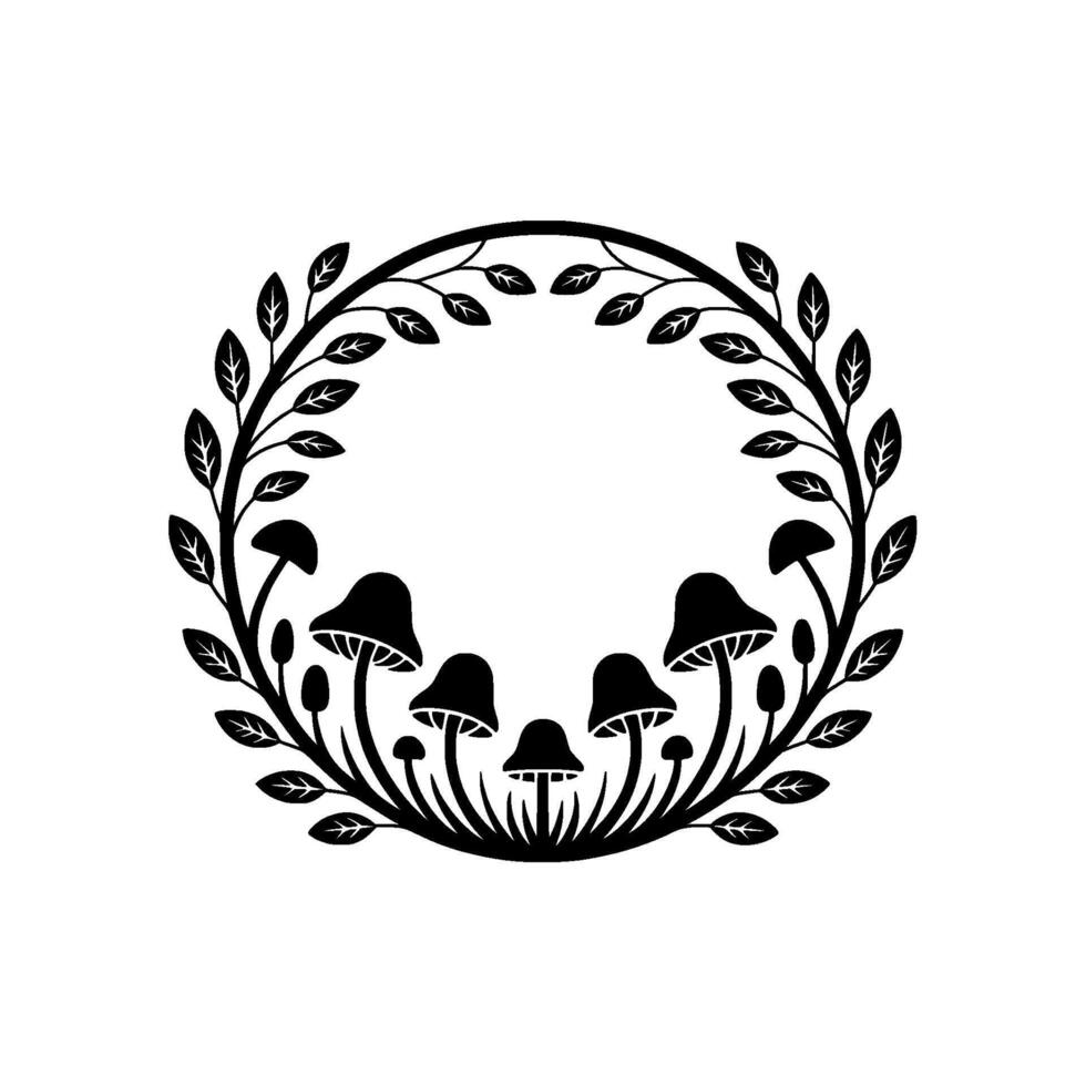 Botanical Circle Mushroom Leaf Emblem, Vintage Illustration vector