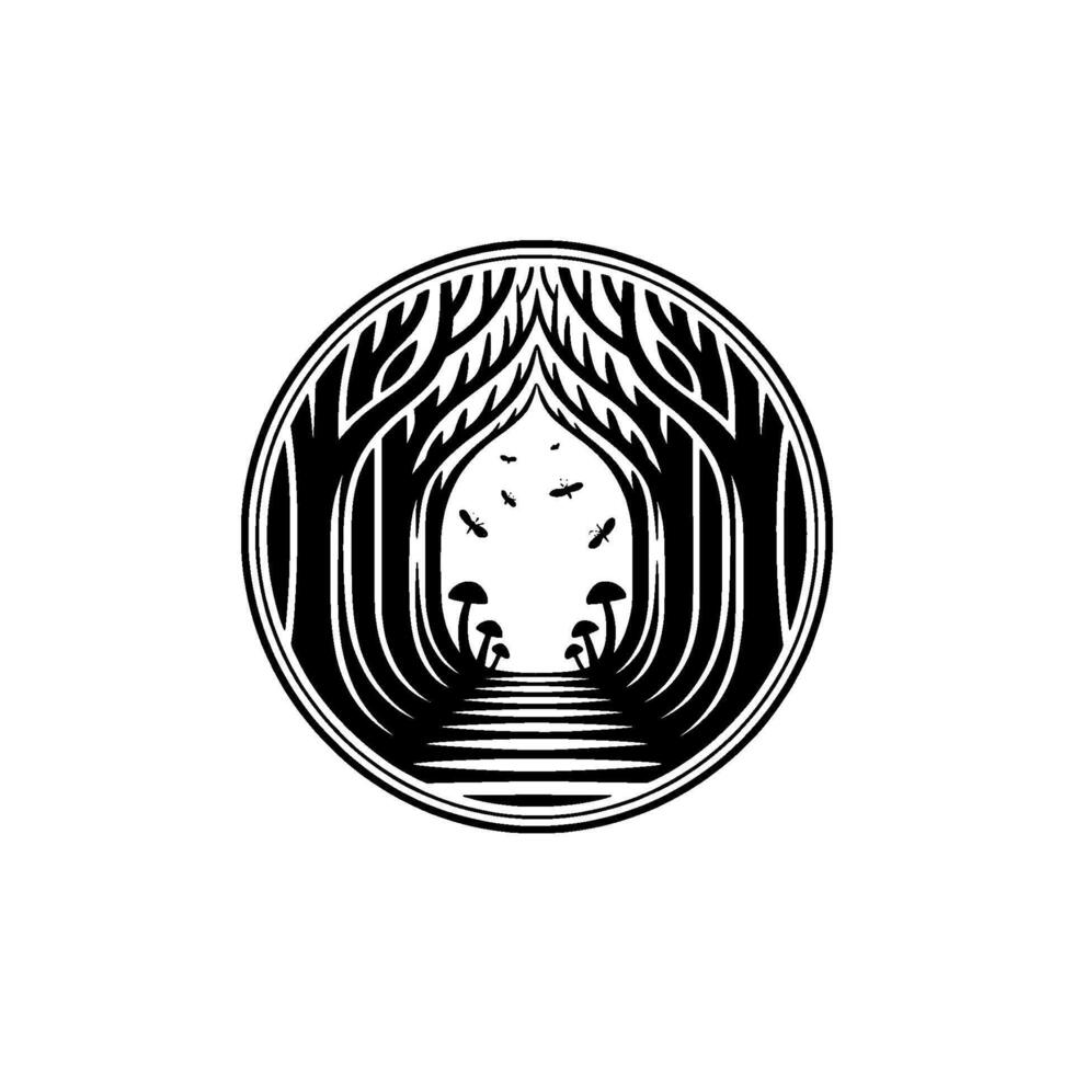 Enchanted Forest Portal, Circular Emblem, Blackandwhite vector
