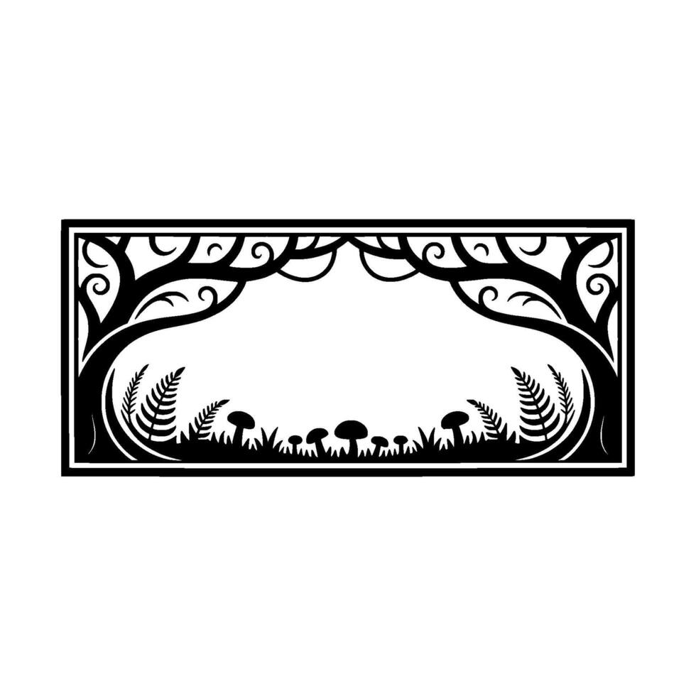 Enchanted Forest Frame, Stylized Black White Illustration, Trees vector