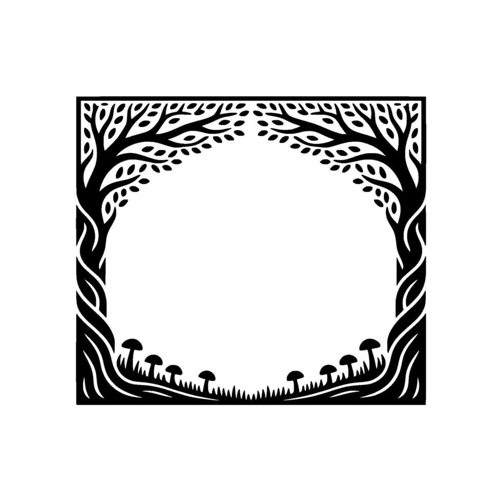 Enchanted Forest Frame, Stylized Black White Illustration - Trees vector