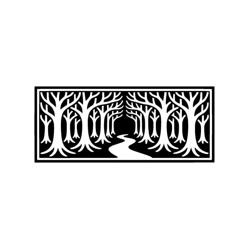 Serene Woodland Silhouette, Linear vector