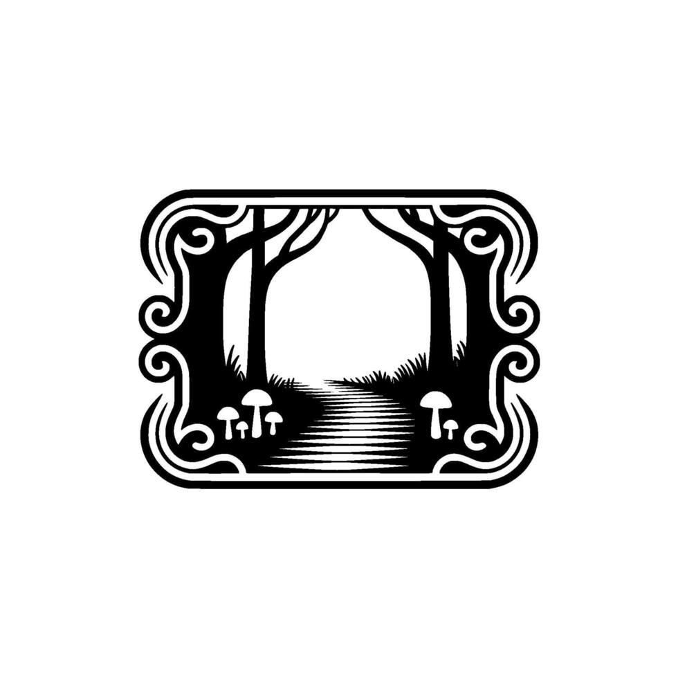 Enchanted Forest Path, Stylized Black White Emblem vector