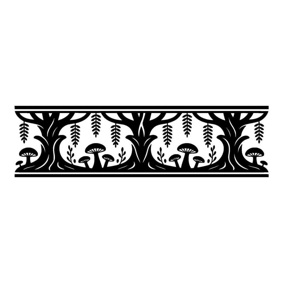 Stylized Forest Border, Intricate Black White, Mushroom vector