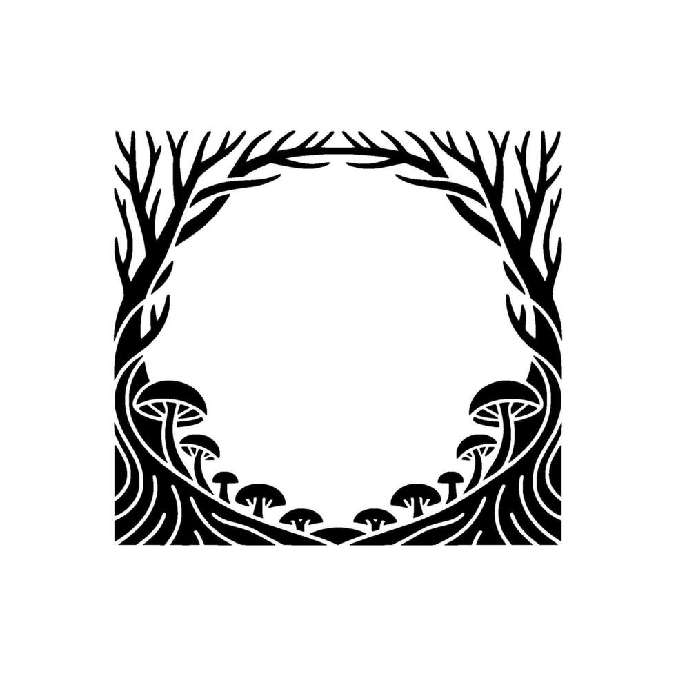 Ethereal Forest Frame Blackline Illustration of Twisted Branches and Mushrooms vector