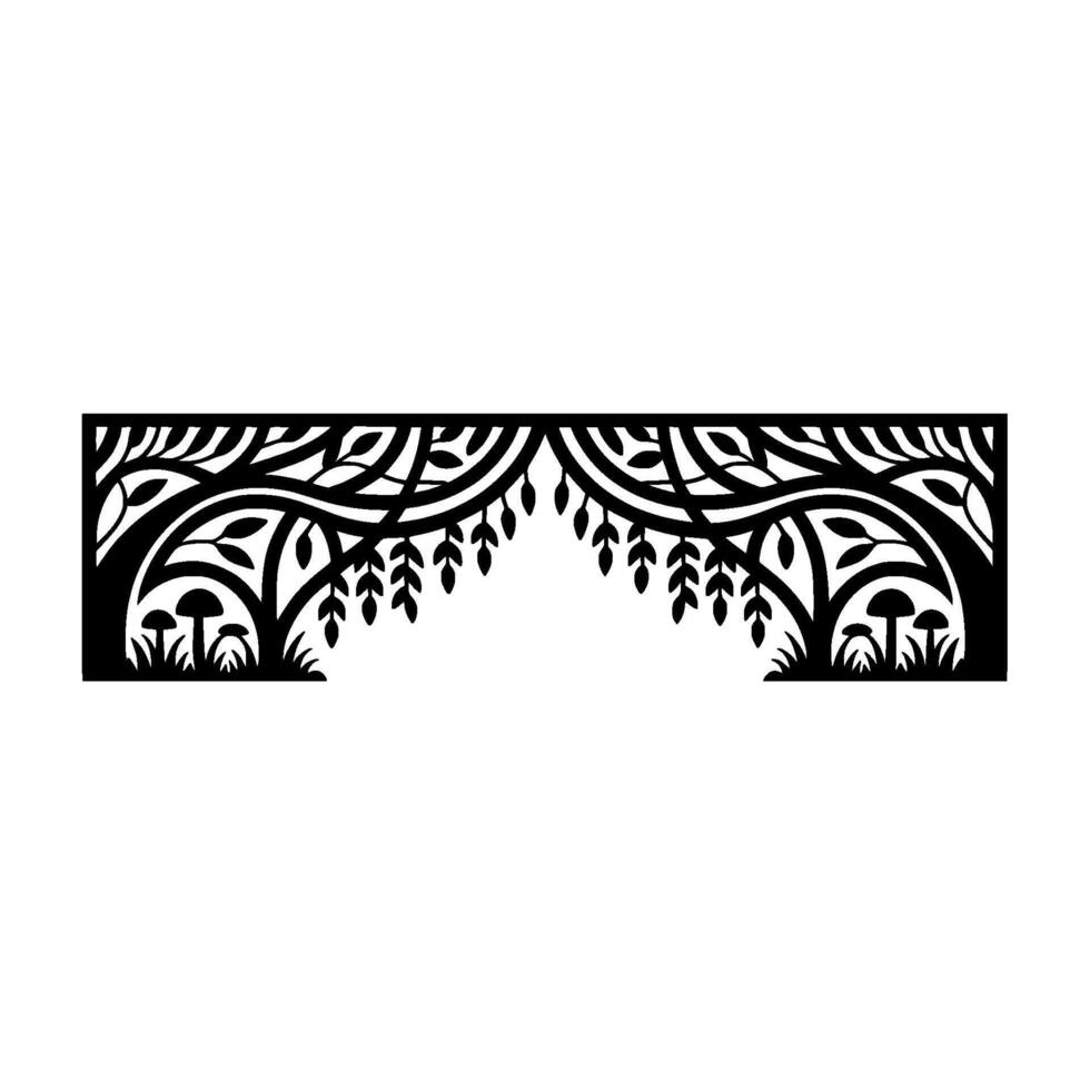 Stylized Forest Border, Intricate Black White, Foliage vector
