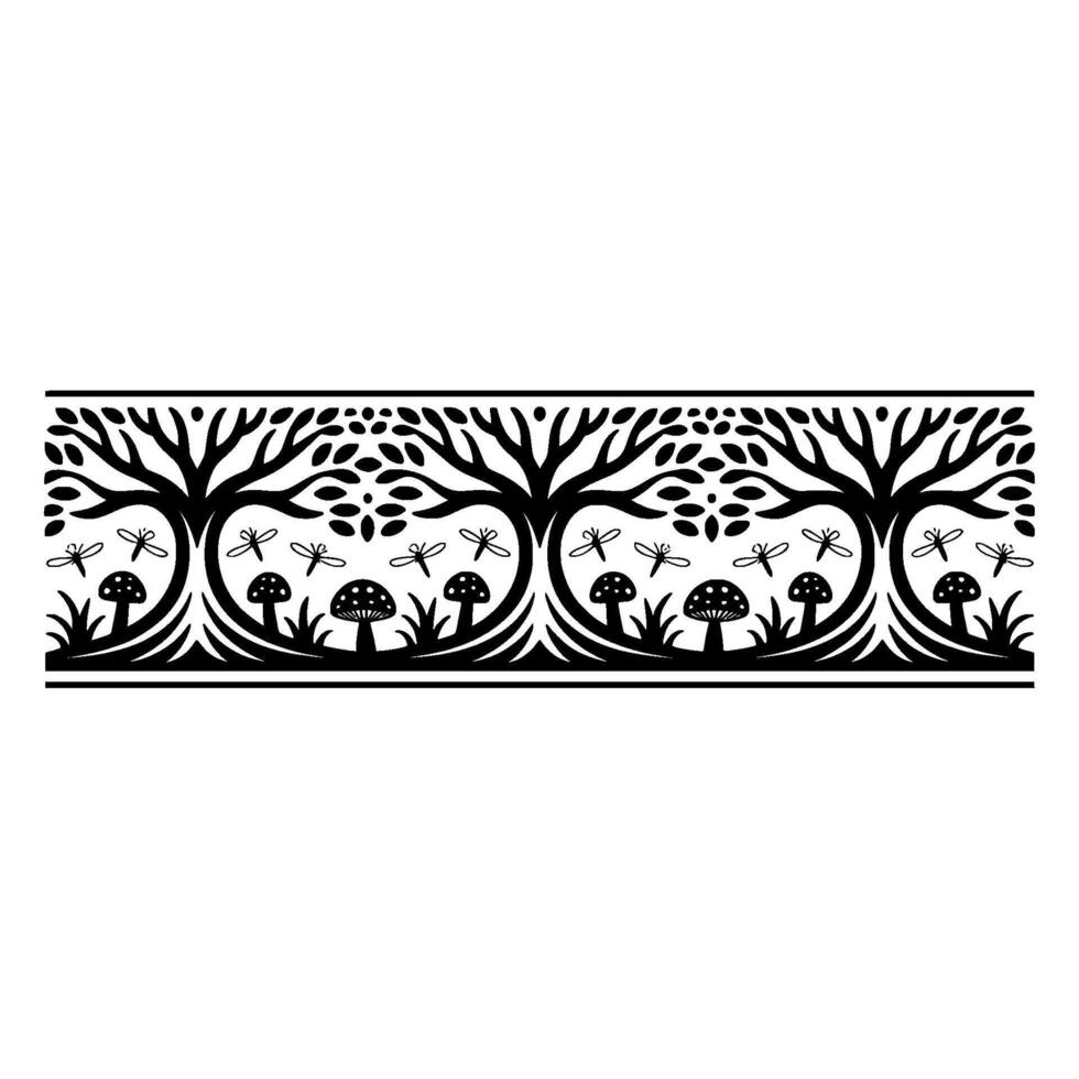 Stylized Forest Border, Intricate Black White - Trees vector
