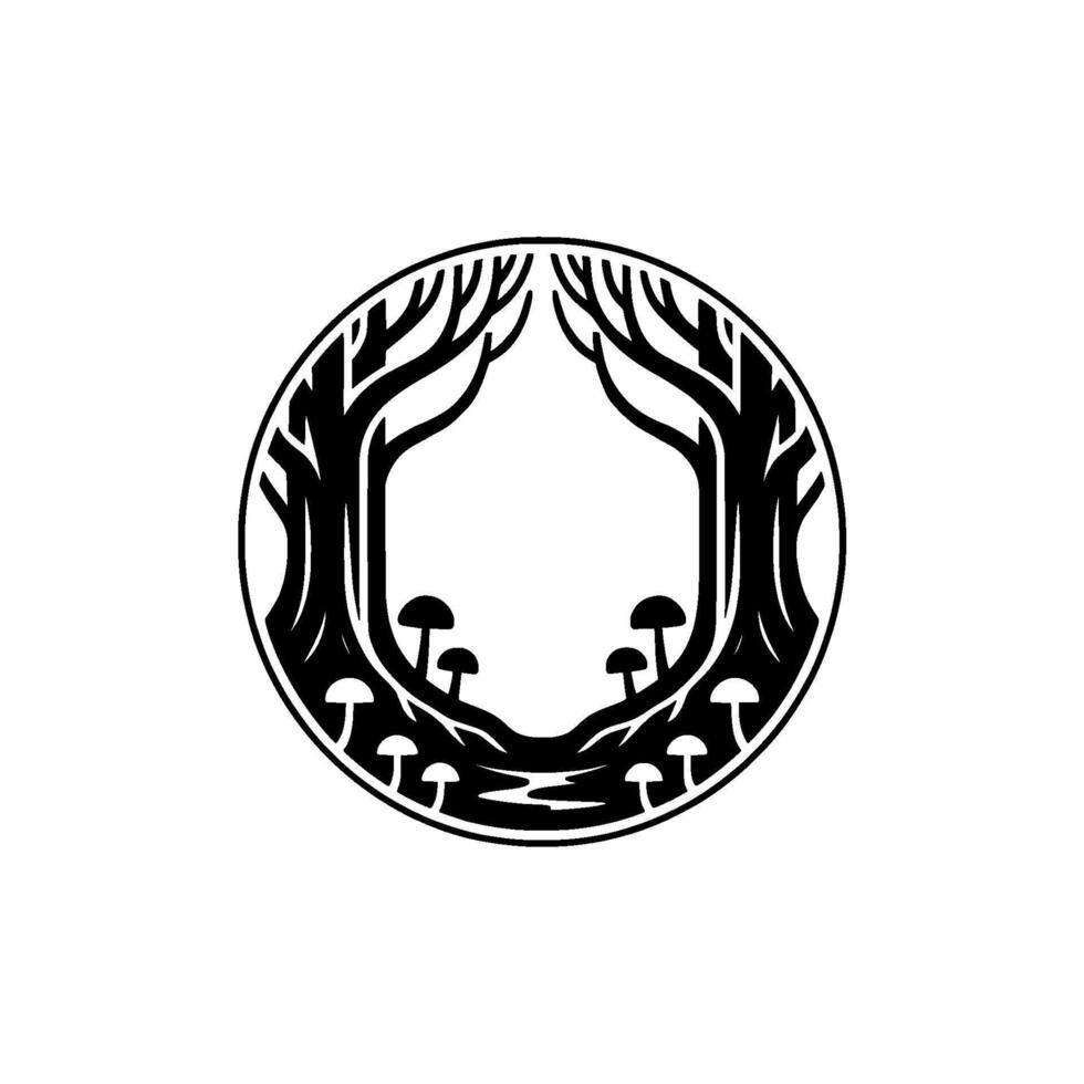 Mystical Forest Emblem Circle of Trees and Mushrooms vector