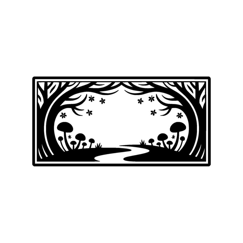 Enchanted Forest Silhouette, Minimalist Woodland Illustration, Mushrooms vector