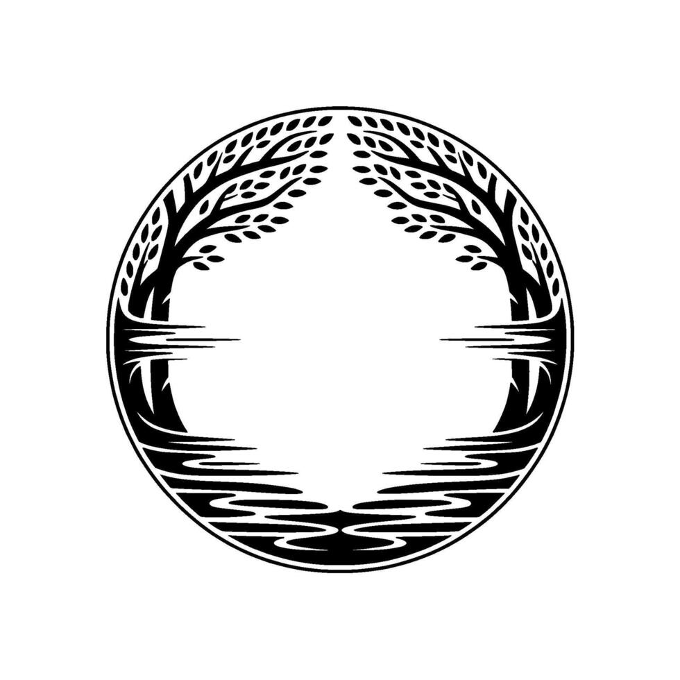 Circular Emblem Serene Reflection, Ancient Trees vector