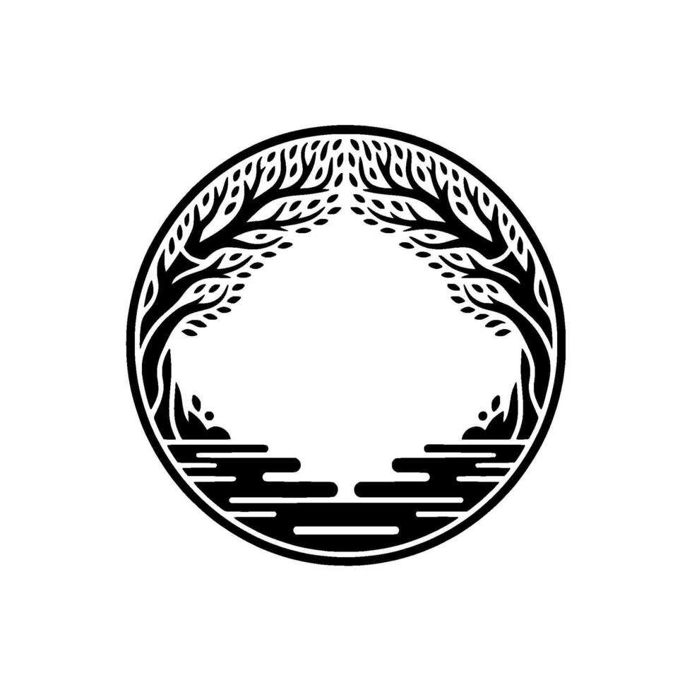 Circular Emblem Ancient Trees Tranquil Waters vector