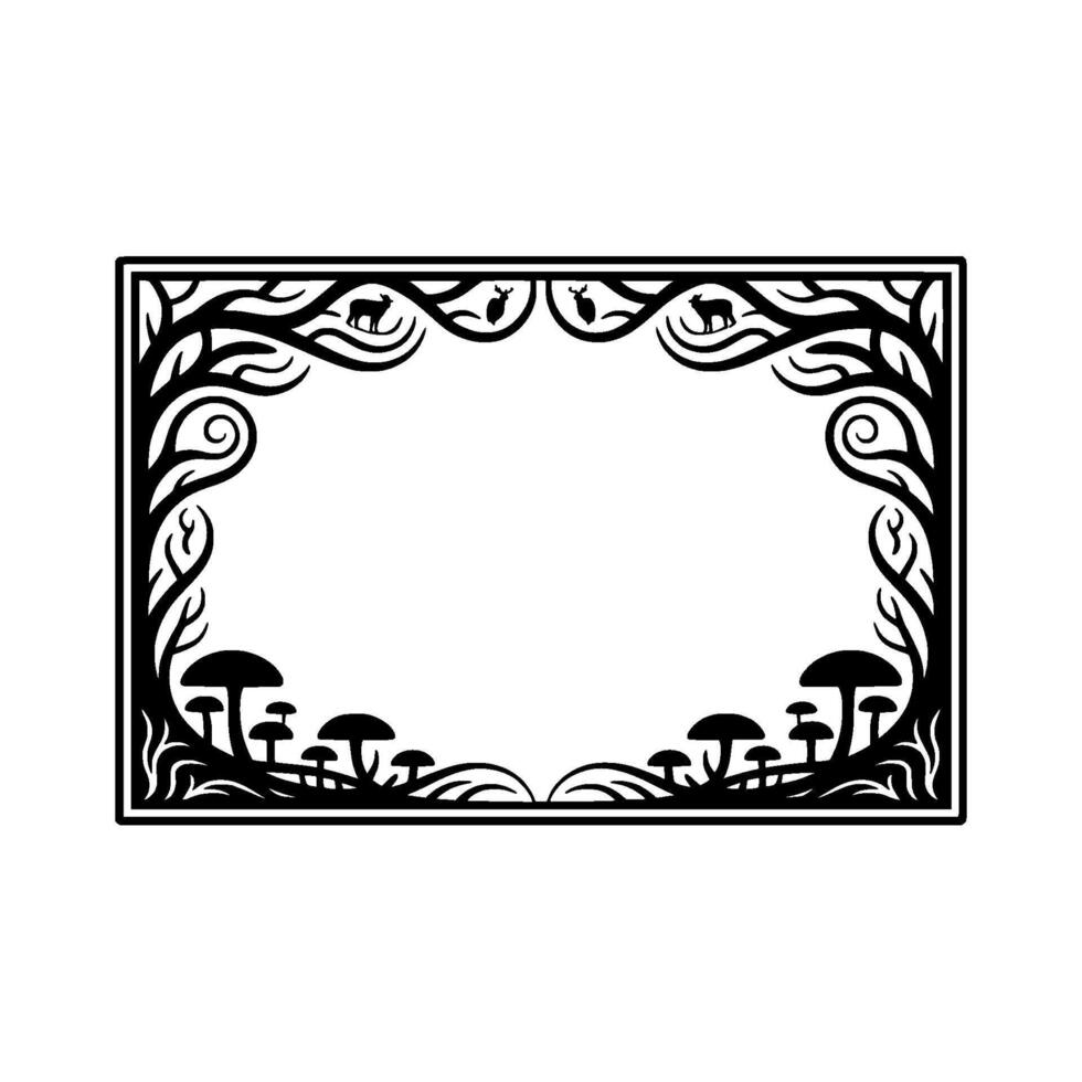 Enchanted Forest Frame, Stylized Woodland Border, Mushrooms vector