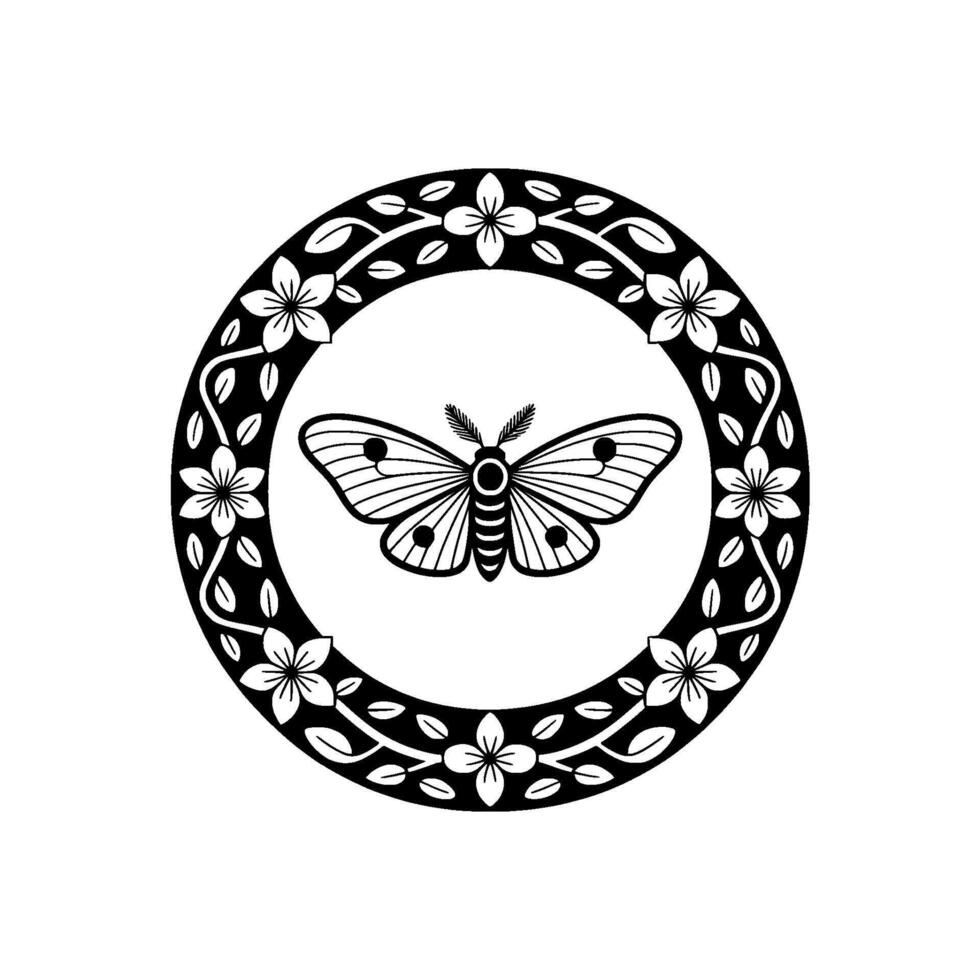 Lunar Moth Emblem, Floral Circle, Vintage Illustration vector