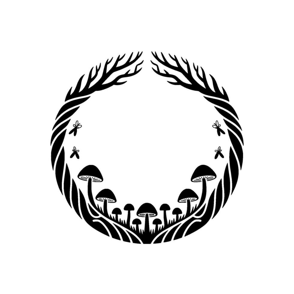 Mystical Forest Emblem Branch Mushroom Circle vector
